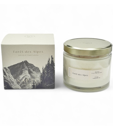 Candela in cera di soia Foresta alpina. Collezione d'oro